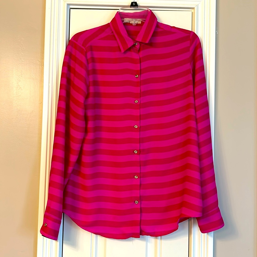 Banana Republic rugby stripe two tone pink long sleeve blouse EUC Sz S